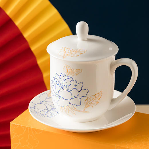 蓝宝牡丹会议盖杯   新心兰盖杯骨瓷茶杯 商品图0