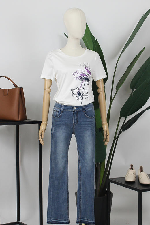 FOCALS女装夏季新款短袖圆领纯棉白色秀花T恤上衣YJ2N127WZ 商品图5