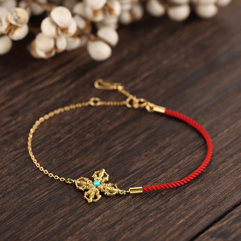 醍醐十字金刚杵红绳手链 925银镀金 原矿松石