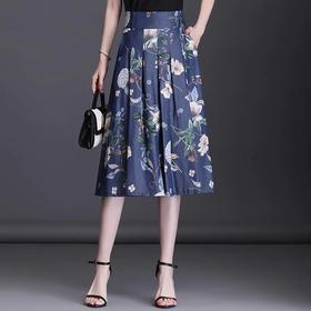 TY3088 天丝牛仔半身裙松紧腰印花夏季新款气质大摆a字中长裙