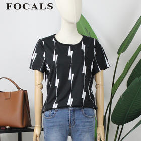 FOCALS女装夏季新款短袖圆领百搭黑白气质印花T恤上衣YJ2N113NW