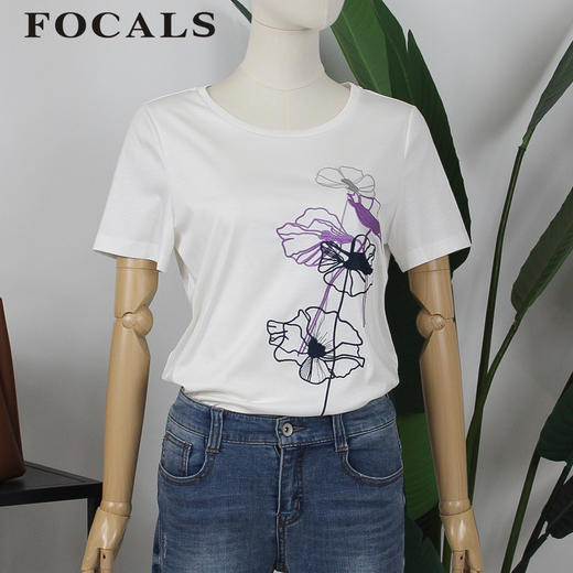 FOCALS女装夏季新款短袖圆领纯棉白色秀花T恤上衣YJ2N127WZ 商品图0