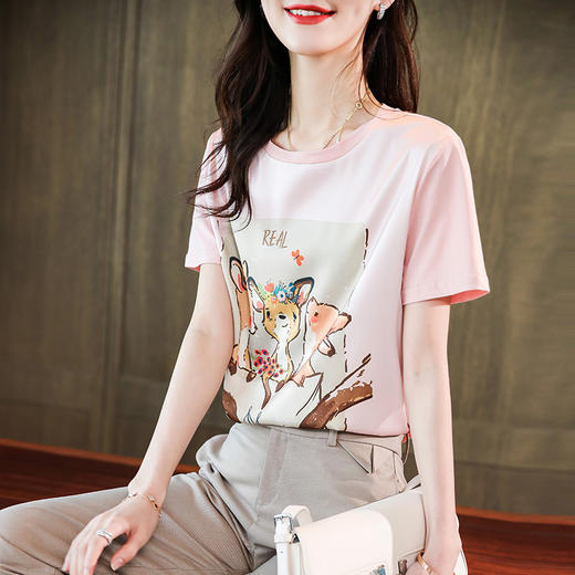真丝短袖，粉色卡通冰感桑蚕丝上衣MZC-21018 商品图1