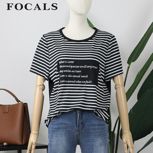 FOCALS女装夏季新款短袖针织条纹宽松休闲T恤上衣CYJ2N116NW 商品图0