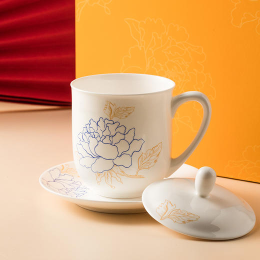 蓝宝牡丹会议盖杯   新心兰盖杯骨瓷茶杯 商品图2