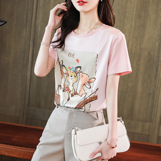 真丝短袖，粉色卡通冰感桑蚕丝上衣MZC-21018 商品图0