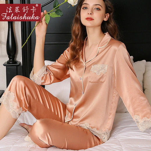 上海旗袍厂SK-T8249重磅真丝睡衣女春秋夏桑蚕丝绸长袖蕾丝家居服套装可外穿 T8249 商品图2