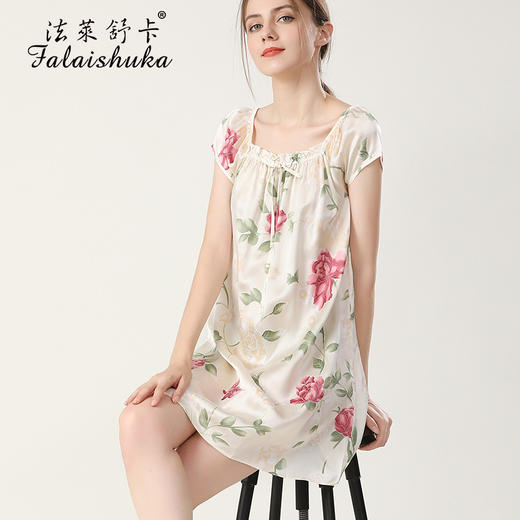 上海旗袍厂SK-S5688真丝睡衣女夏短袖100桑蚕丝睡裙中裙大码宽松丝绸家居服S5688 商品图0