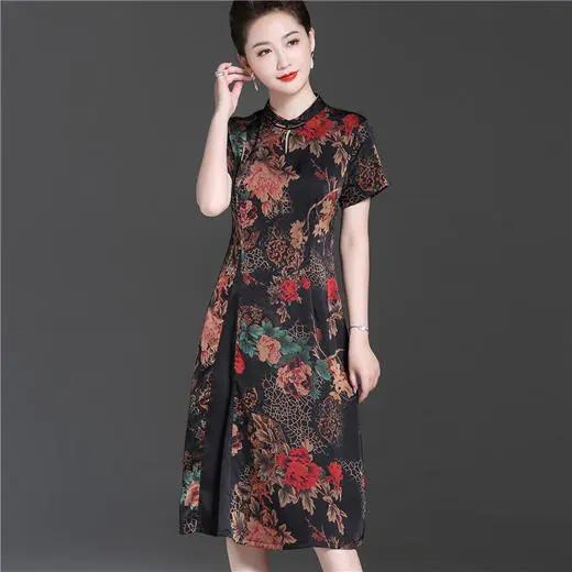 ZQ-j3906新款妈妈夏装旗袍式中长款连衣裙洋气改良中老年真丝复古裙 商品图1