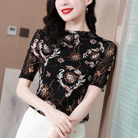 MZ  104228半高领网纱炫彩印花大码上衣