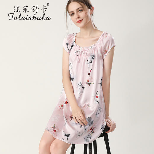上海旗袍厂SK-S5688真丝睡衣女夏短袖100桑蚕丝睡裙中裙大码宽松丝绸家居服S5688 商品图1