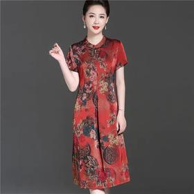 ZQ-j3906新款妈妈夏装旗袍式中长款连衣裙洋气改良中老年真丝复古裙