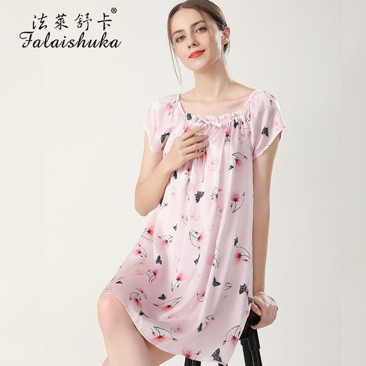 上海旗袍厂SK-S5688真丝睡衣女夏短袖100桑蚕丝睡裙中裙大码宽松丝绸家居服S5688 商品图5