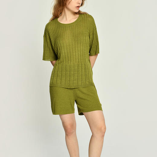 2021年新款女士亚麻混纺7针双股过针打花针织短裤 商品图2