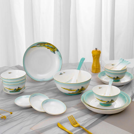 Debo德铂绿水青山高档山水画风格家用正骨陶瓷餐具碗筷32头 商品图3