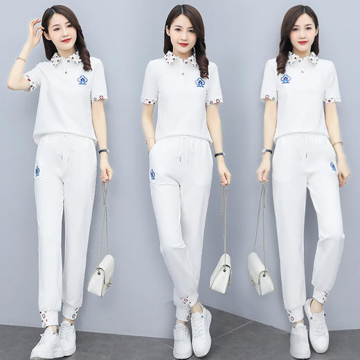 HR  CZJ5007简约时尚气质娃娃领休闲印花拼接套装 商品图0