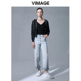 VIMAGE纬漫纪夏季新款气质压褶蕾丝镂空长袖显瘦开衫V1501102针织衫