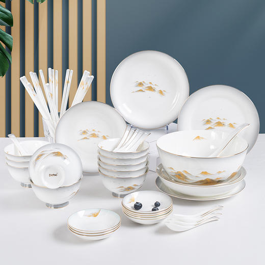 Debo德铂金山银山高档山水画正骨陶瓷餐具家用碗筷46头 商品图0
