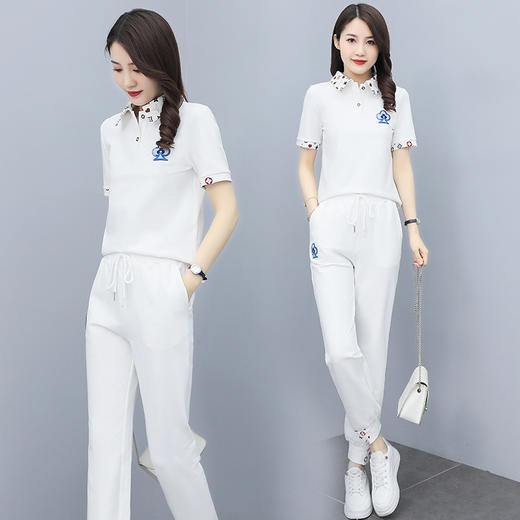 HR  CZJ5007简约时尚气质娃娃领休闲印花拼接套装 商品图1