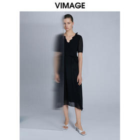 VIMAGE纬漫纪夏季新款V领木耳边收腰修身显瘦连衣裙V1507167