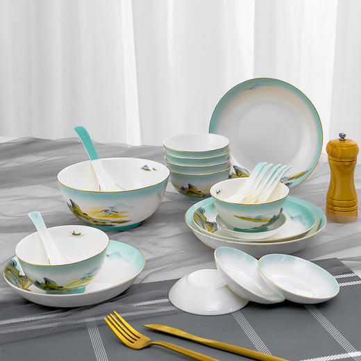 Debo德铂绿水青山高档山水画风格家用正骨陶瓷餐具碗筷32头 商品图0