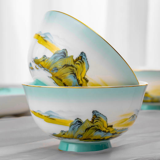 Debo德铂绿水青山高档山水画风格家用正骨陶瓷餐具碗筷32头 商品图4