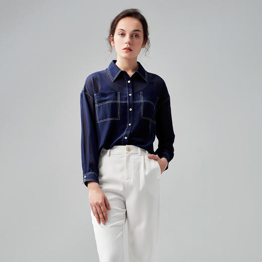 METTE2021年夏季新品女士超薄衬衫时尚方领长袖直筒宽松衬衣 商品图1