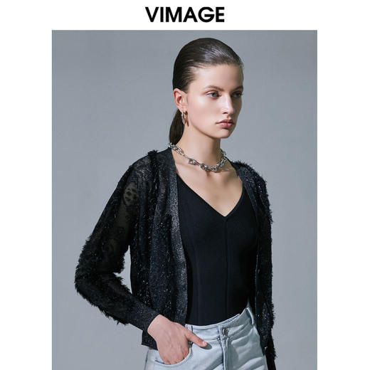 VIMAGE纬漫纪夏季新款气质压褶蕾丝镂空长袖显瘦开衫V1501102针织衫 商品图1