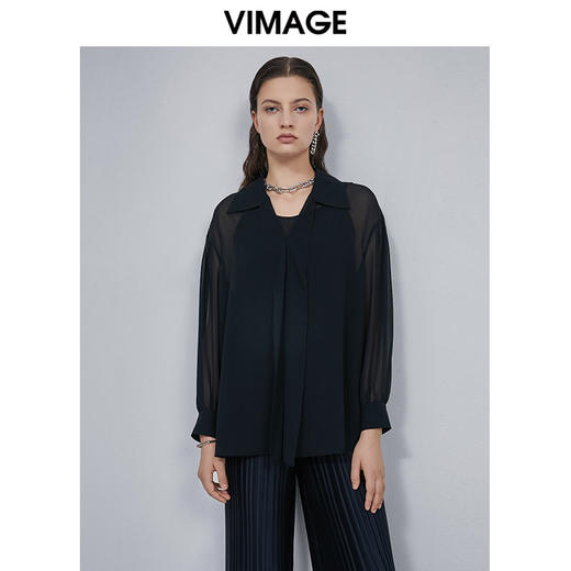 VIMAGE纬漫纪夏季新款V领气质长袖个性网纱衬衫V1513120小上衣 商品图1