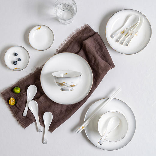 Debo德铂金山银山高档山水画正骨陶瓷餐具家用碗筷46头 商品图4