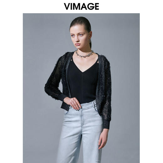 VIMAGE纬漫纪夏季新款气质压褶蕾丝镂空长袖显瘦开衫V1501102针织衫 商品图2