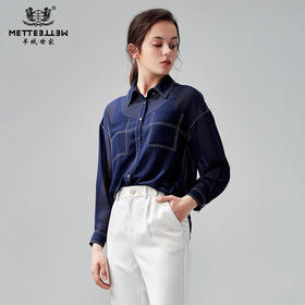 METTE2021年夏季新品女士超薄衬衫时尚方领长袖直筒宽松衬衣