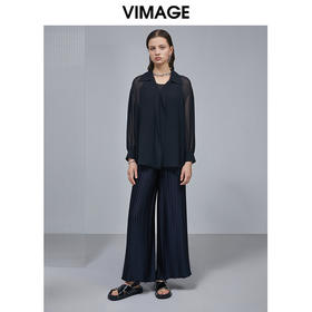 VIMAGE纬漫纪夏季新款V领气质长袖个性网纱衬衫V1513120小上衣