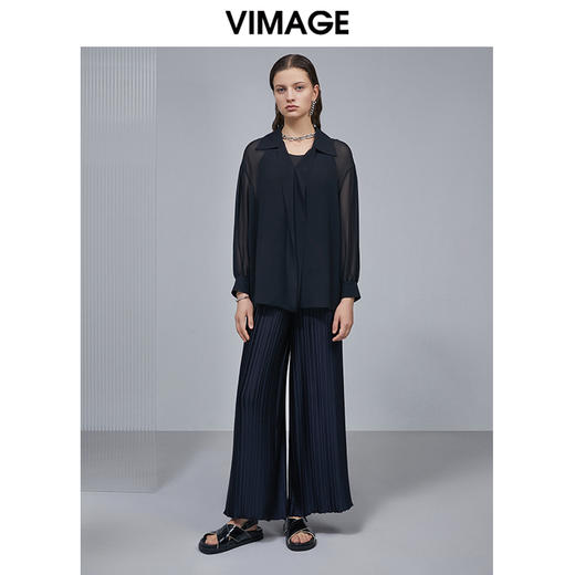 VIMAGE纬漫纪夏季新款V领气质长袖个性网纱衬衫V1513120小上衣 商品图0