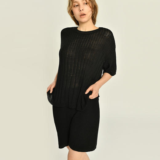 2021年新款女士亚麻混纺7针双股过针打花针织短裤 商品图1