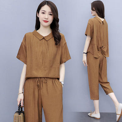 AHM- xde1445 冰丝麻套装女2021夏季新款休闲天丝棉亚麻T恤衫七分萝卜裤两件套 商品图0