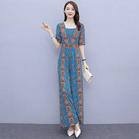 YLDFS8056新款时尚气质高腰方领短袖印花垂感阔腿连体裤