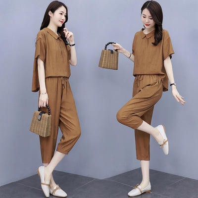 AHM- xde1445 冰丝麻套装女2021夏季新款休闲天丝棉亚麻T恤衫七分萝卜裤两件套 商品图1