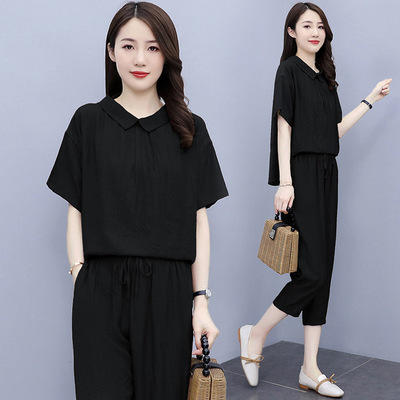 AHM- xde1445 冰丝麻套装女2021夏季新款休闲天丝棉亚麻T恤衫七分萝卜裤两件套 商品图2