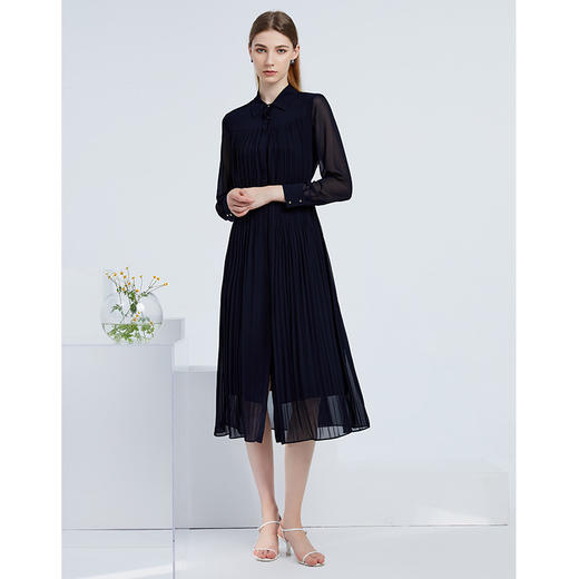 EITIE爱特爱新款气质翻领压褶收腰网纱长袖显瘦衬衫连衣裙6307016 商品图1