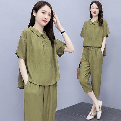 AHM- xde1445 冰丝麻套装女2021夏季新款休闲天丝棉亚麻T恤衫七分萝卜裤两件套 商品图4