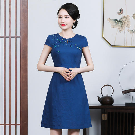 上海旗袍厂JC-JY5059连衣裙夏季短袖新款时尚气质圆领棉麻绣花裙 商品图0