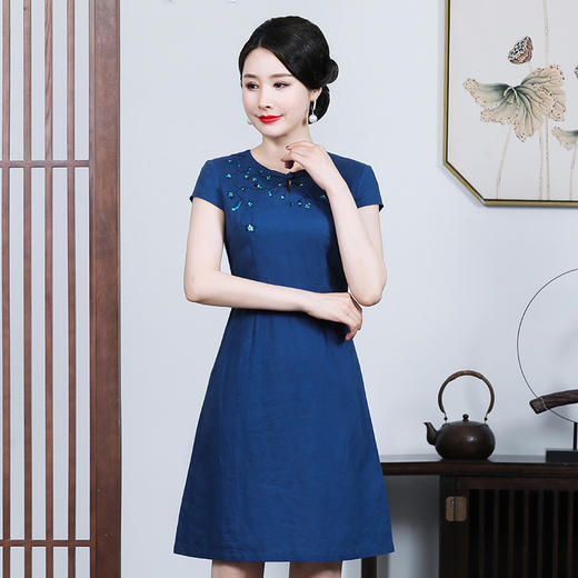 上海旗袍厂JC-JY5059连衣裙夏季短袖新款时尚气质圆领棉麻绣花裙 商品图2