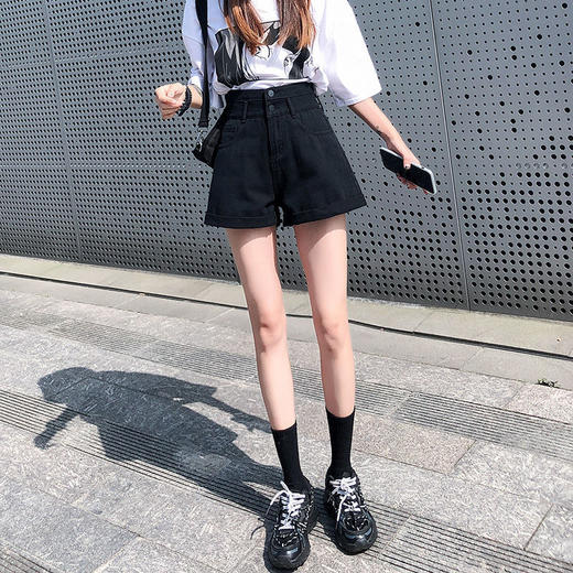 【时尚 热门推荐】黑色牛仔短裤女夏2021年新款高腰显瘦网红卷边a字阔腿超热裤潮ins 商品图1