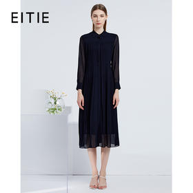 EITIE爱特爱新款气质翻领压褶收腰网纱长袖显瘦衬衫连衣裙6307016