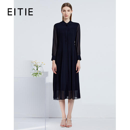 EITIE爱特爱新款气质翻领压褶收腰网纱长袖显瘦衬衫连衣裙6307016 商品图0