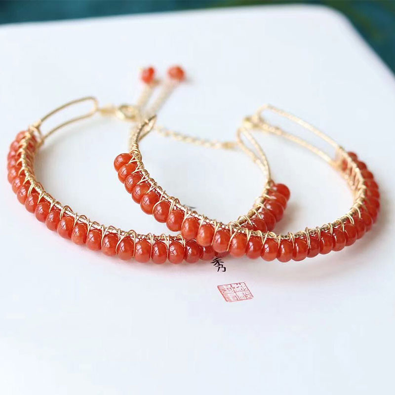 初夏秀美腕间·手工编绕蓝水翡翠红翡算盘珠手镯