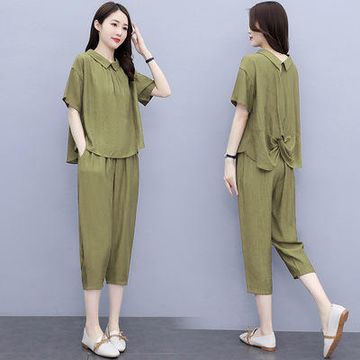 AHM- xde1445 冰丝麻套装女2021夏季新款休闲天丝棉亚麻T恤衫七分萝卜裤两件套 商品图3