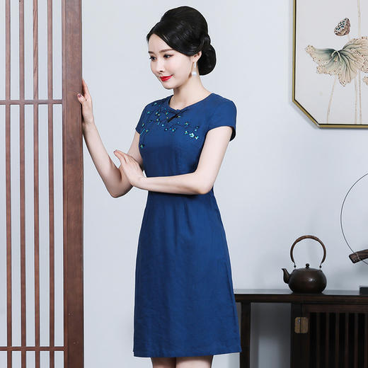 上海旗袍厂JC-JY5059连衣裙夏季短袖新款时尚气质圆领棉麻绣花裙 商品图1