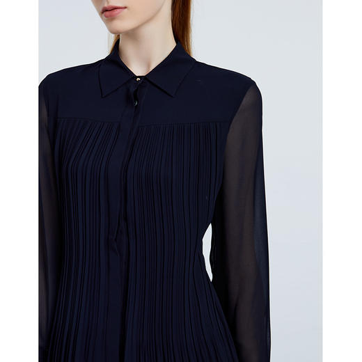 EITIE爱特爱新款气质翻领压褶收腰网纱长袖显瘦衬衫连衣裙6307016 商品图2